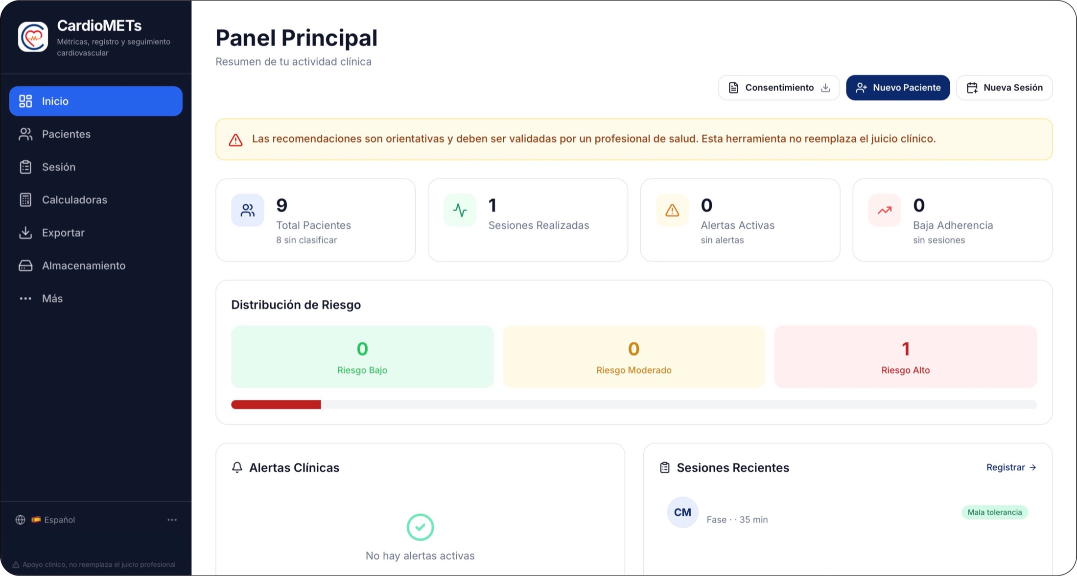 Panel principal de CardioMETs con métricas, riesgo, alertas y sesiones recientes